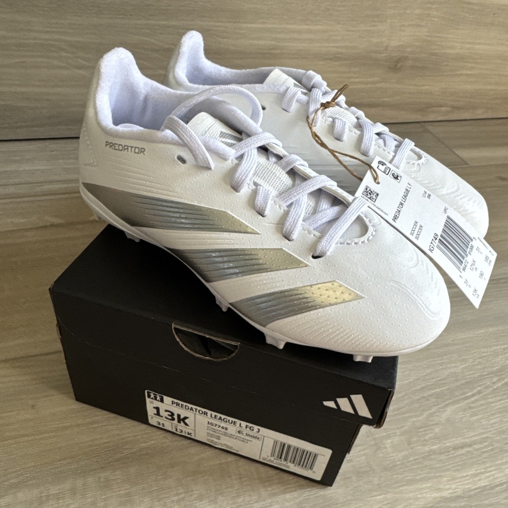 Adidas Predator League fg Junior kids soccer shoe IG7749 White Silver Sz 13K NEW